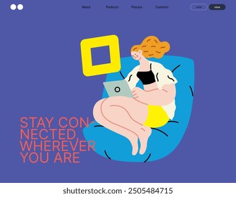 Creative workspace, modern flat vector concept illustration of a woman working sitting with a computer Remote work, flexibility, independence, efficiency, mobility, synergy, freedom