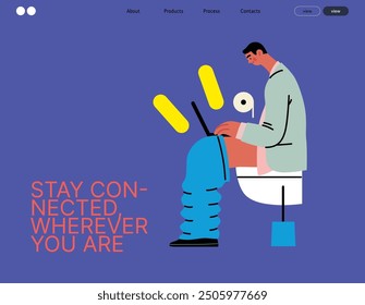 Creative workspace, modern flat vector concept illustration of a man working sitting on the toilet with a computer Remote work, flexibility, independence, efficiency, mobility, synergy, freedom