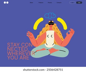 Creative workspace, modern flat vector concept illustration of a woman working sitting meditating with a computer Remote work, flexibility, independence, efficiency, mobility, synergy, freedom