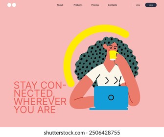 Creative workspace, modern flat vector concept illustration of a woman drinking coffee working sitting with a computer Remote work, flexibility, independence, efficiency, mobility, synergy, freedom