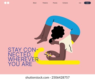 Creative workspace, modern flat vector concept illustration of a woman working standing in asana with a phone Remote work, flexibility, independence, efficiency, mobility, synergy, freedom