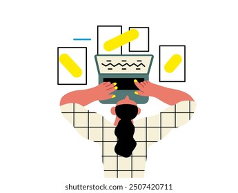 Creative workspace, modern flat vector concept illustration of a woman working laying down with a computer Remote work, flexibility, independence, efficiency, mobility, synergy, freedom