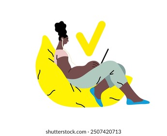 Creative workspace, modern flat vector concept illustration of a woman working sitting with a computer Remote work, flexibility, independence, efficiency, mobility, synergy, freedom