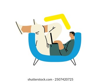 Creative workspace, modern flat vector concept illustration of a man working laying down with a computer Remote work, flexibility, independence, efficiency, mobility, synergy, freedom