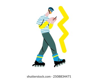 Espaço de trabalho criativo, conceito de vetor plano moderno ilustração de um homem que trabalha rollerblading com um telefone, trabalho remoto, flexibilidade, independência, eficiência, mobilidade, sinergia, liberdade