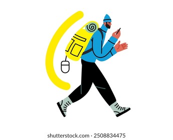 Creative workspace, modern flat vector concept illustration of a man working hiking with a backpack and phone, Remote work, flexibility, independence, efficiency, mobility, synergy, freedom
