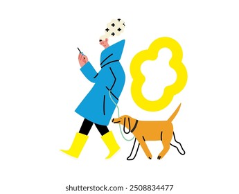 Creative workspace, modern flat vector concept illustration of a woman working on the phone walking with a dog Remote work, flexibility, independence, efficiency, mobility, synergy, freedom