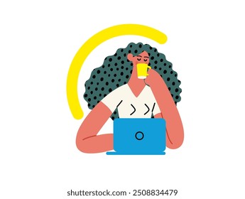 Creative workspace, modern flat vector concept illustration of a woman drinking coffee working sitting with a computer Remote work, flexibility, independence, efficiency, mobility, synergy, freedom