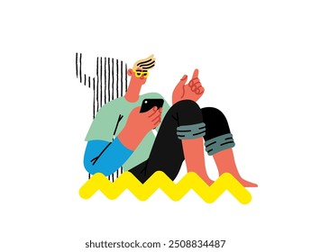 Creative workspace, modern flat vector concept illustration of a man working sitting with a computer under the tree Remote work, flexibility, independence, efficiency, mobility, synergy, freedom