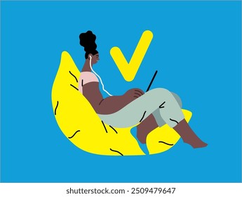 Espaço de trabalho criativo, conceito de vetor plano moderno ilustração de uma mulher trabalhando sentado com um computador Trabalho remoto, flexibilidade, independência, eficiência, mobilidade, sinergia, liberdade