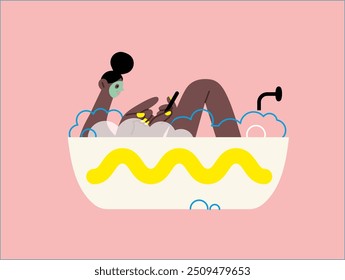 Creative workspace, modern flat vector concept illustration of a woman working sitting with a computer in a bath tube Remote work, flexibility, independence, efficiency, mobility, synergy, freedom