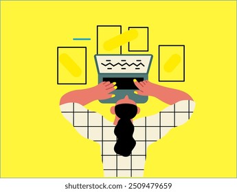 Creative workspace, modern flat vector concept illustration of a woman working laying down with a computer Remote work, flexibility, independence, efficiency, mobility, synergy, freedom