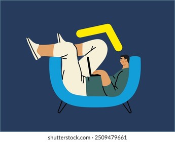 Creative workspace, modern flat vector concept illustration of a man working laying down with a computer Remote work, flexibility, independence, efficiency, mobility, synergy, freedom