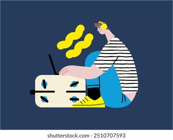 Creative workspace, modern flat vector concept illustration of a man working sitting with laptop on baggage suitcase Remote work, flexibility, independence, efficiency, mobility, synergy, freedom