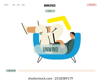 Creative workspace, modern flat vector concept illustration of a man working laying down with a computer Remote work, flexibility, independence, efficiency, mobility, synergy, freedom