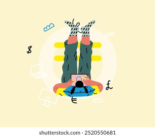 Creative workspace, modern flat vector concept illustration of a woman working laying down with a computer Remote work, flexibility, independence, efficiency, mobility, synergy, freedom