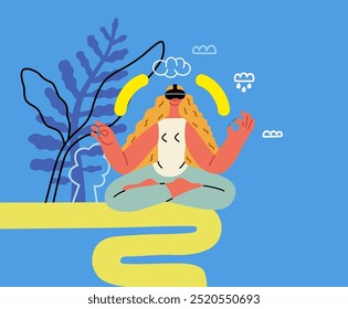 Creative workspace, modern flat vector concept illustration of a woman working sitting meditating with a computer Remote work, flexibility, independence, efficiency, mobility, synergy, freedom