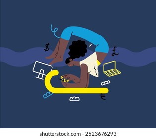 Creative workspace, modern flat vector concept illustration of a woman working standing in asana with a phone Remote work, flexibility, independence, efficiency, mobility, synergy, freedom