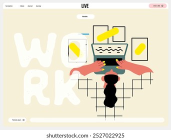 Creative workspace, modern flat vector concept illustration of a woman working laying down with a computer Remote work, flexibility, independence, efficiency, mobility, synergy, freedom