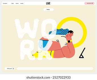 Creative workspace, modern flat vector concept illustration of a woman working sitting with a computer Remote work, flexibility, independence, efficiency, mobility, synergy, freedom