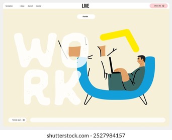 Creative workspace, modern flat vector concept illustration of a man working laying down with a computer Remote work, flexibility, independence, efficiency, mobility, synergy, freedom