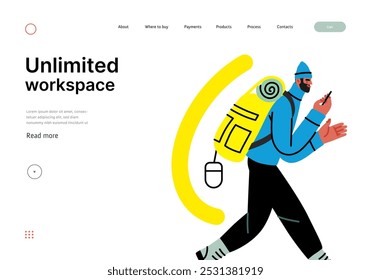 Creative workspace, modern flat vector concept illustration of a man working hiking with a backpack and phone, Remote work, flexibility, independence, efficiency, mobility, synergy, freedom