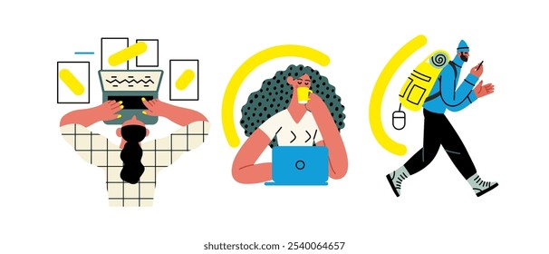 Creative workspace, modern flat vector concept illustration of a person working with a computer Remote work, flexibility, independence, efficiency, mobility, synergy, freedom