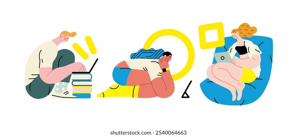 Creative workspace, modern flat vector concept illustration of a person working with a computer Remote work, flexibility, independence, efficiency, mobility, synergy, freedom