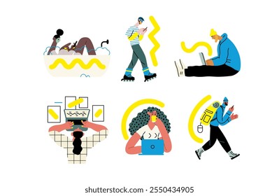 Creative workspace, modern flat vector concept illustration of a person working with a computer Remote work, flexibility, independence, efficiency, mobility, synergy, freedom