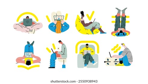 Creative workspace, modern flat vector concept illustration of a person working with a computer Remote work, flexibility, independence, efficiency, mobility, synergy, freedom