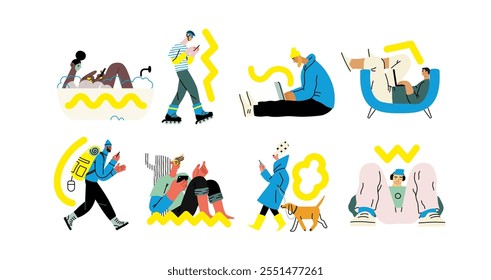 Creative workspace, modern flat vector concept illustration of a person working with a computer Remote work, flexibility, independence, efficiency, mobility, synergy, freedom