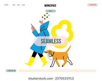 Creative workspace, modern flat vector concept illustration of a woman working on the phone walking with a dog Remote work, flexibility, independence, efficiency, mobility, synergy, freedom