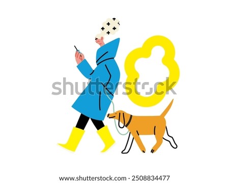 Creative workspace, modern flat vector concept illustration of a woman working on the phone walking with a dog Remote work, flexibility, independence, efficiency, mobility, synergy, freedom