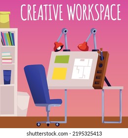 Creative Workspace Poster, Desk With Easel For Architect Or Designer, Flat Vector Illustration. Office Interior With Chair, Bookshelf And Easel Desk For Painting And Drawing.