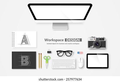 Creative Workspace, set of objects for business. Vector illustration