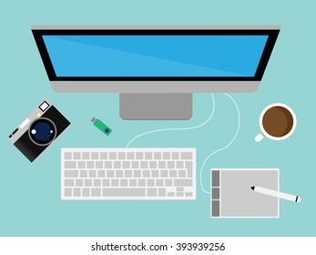 Creative workspace in top view. flat lay of desk with computer, vintage camera, keyboard, pad, pencil, memory drive and coffee. vector illustration