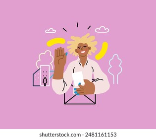 Creative Workspace: Video Conference, modern flat vector concept illustration of person engaging in virtual business meeting Connectivity, collaboration, digital interaction, remote work, productivity