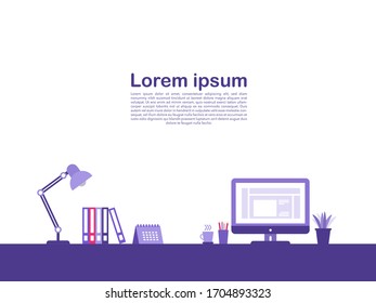 Creative workspaces background and banner. Flat vector design of office work station including computer, monitor, lamp, books, coffee cup, calendar, pens ,pencils, and plant, isolated on white space. 