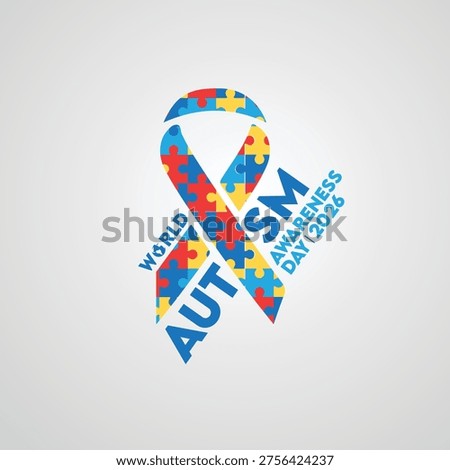 Creative World Autism Awareness Day 2026 design featuring a puzzle-patterned ribbon integrated with bold typography. A symbolic graphic for inclusion and global support for the autism community.