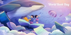Creative World Book Day Poster. Illustrated Children And Pet Dog Standing On Open Book Admiring Marine Life With Whale And Jellyfish. Concept Of Dive Into The World Of Knowledge.