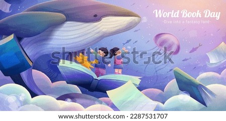 Creative World book day poster. Illustrated children and pet dog standing on open book admiring marine life with whale and jellyfish. Concept of dive into the world of knowledge.