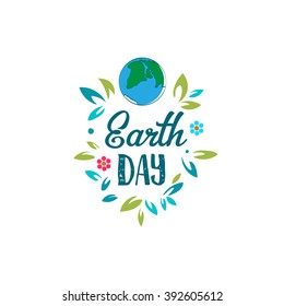 Creative World Environment Day Greeting stock vector. Earth Day logo. April holiday illustration with cartoon earth planet, leaves and flowers, and typography tag. Save green earth sign. Eco friendly