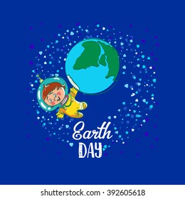 Creative World Environment Day Greeting stock vector art. Earth Day space kids illustration with planet and astronaut. April holiday illustration with cartoon earth planet, young astronaut, and