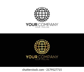 Creative World Globe Laurel Wreath Silhouette Symbol Vector Template.