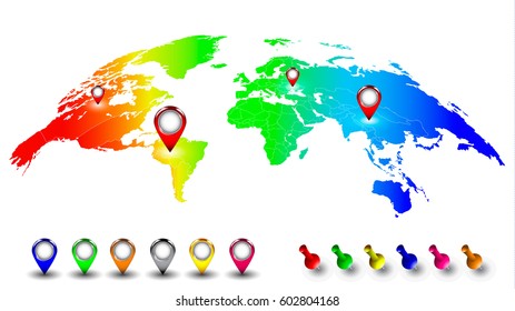 Creative World Map in Rainbow Color with Set of Pushpins & Location Markers. 3D Vector Illustration