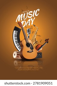 Creative World Music Day poster design featuring a realistic collection of musical instruments including an acoustic guitar, saxophone, violin, dhol drum, keyboard, microphone, headphones, vinyl record, and speakers arranged together in an elegant composition. Floating music notes enhance the festive atmosphere against a soft blue gradient background. Stylish typography with the message “World Music Day” and an inspiring quote creates a modern and artistic celebration theme perfect for posters, banners, greeting cards, flyers, and social media promotions. abstract vector illustration design