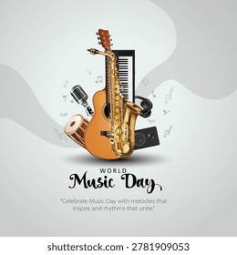 Creative World Music Day poster design featuring a realistic collection of musical instruments including an acoustic guitar, saxophone, violin, dhol drum, keyboard, microphone, headphones, vinyl record, and speakers arranged together in an elegant composition. Floating music notes enhance the festive atmosphere against a soft blue gradient background. Stylish typography with the message “World Music Day” and an inspiring quote creates a modern and artistic celebration theme perfect for posters, banners, greeting cards, flyers, and social media promotions. abstract vector illustration design