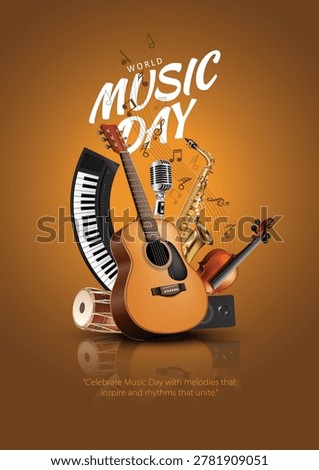 Creative World Music Day poster design featuring a realistic collection of musical instruments including an acoustic guitar, saxophone, violin, dhol drum, keyboard, microphone, headphones, vinyl record, and speakers arranged together in an elegant composition. Floating music notes enhance the festive atmosphere against a soft blue gradient background. Stylish typography with the message “World Music Day” and an inspiring quote creates a modern and artistic celebration theme perfect for posters, banners, greeting cards, flyers, and social media promotions. abstract vector illustration design