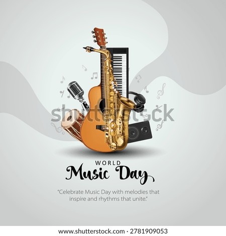 Creative World Music Day poster design featuring a realistic collection of musical instruments including an acoustic guitar, saxophone, violin, dhol drum, keyboard, microphone, headphones, vinyl record, and speakers arranged together in an elegant composition. Floating music notes enhance the festive atmosphere against a soft blue gradient background. Stylish typography with the message “World Music Day” and an inspiring quote creates a modern and artistic celebration theme perfect for posters, banners, greeting cards, flyers, and social media promotions. abstract vector illustration design