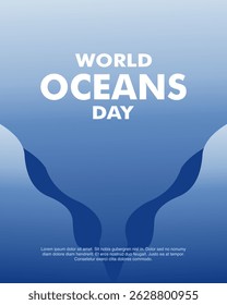 Cartaz do Dia Mundial Criativo dos Oceanos com formas abstratas de mar em tons azuis. Perfeito para campanhas ambientais, eventos ou materiais educacionais.